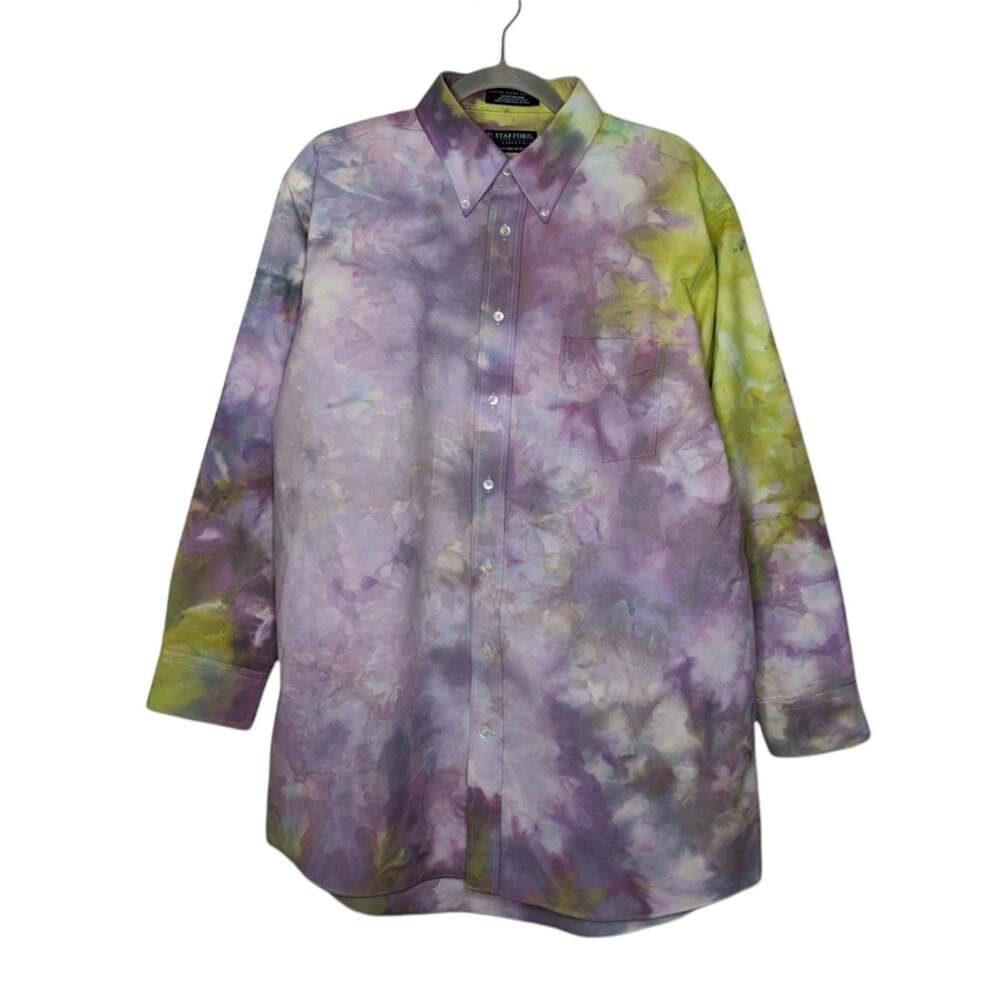 Vintage Ice Tie Dye Custom Earth Tones Stafford Button Shirt Top Watercolor Art